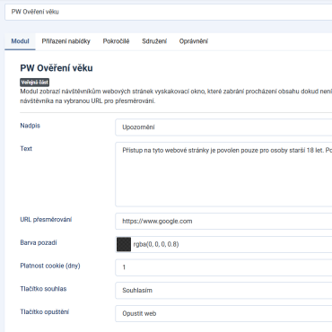 Ověření věku - modul Joomla
